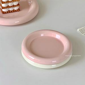 Piring teh porselen keramik minimalis bulat pola padat merah muda siber tidak beracun kue sarapan makanan penutup sore - Product Image 4