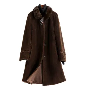 A50020 Pudi, abrigo de piel de lana auténtica para mujer, chaqueta con cuello de piel, gabardina, esquila de oveja de invierno, de talla grande Parkar, visón cálido para mujer