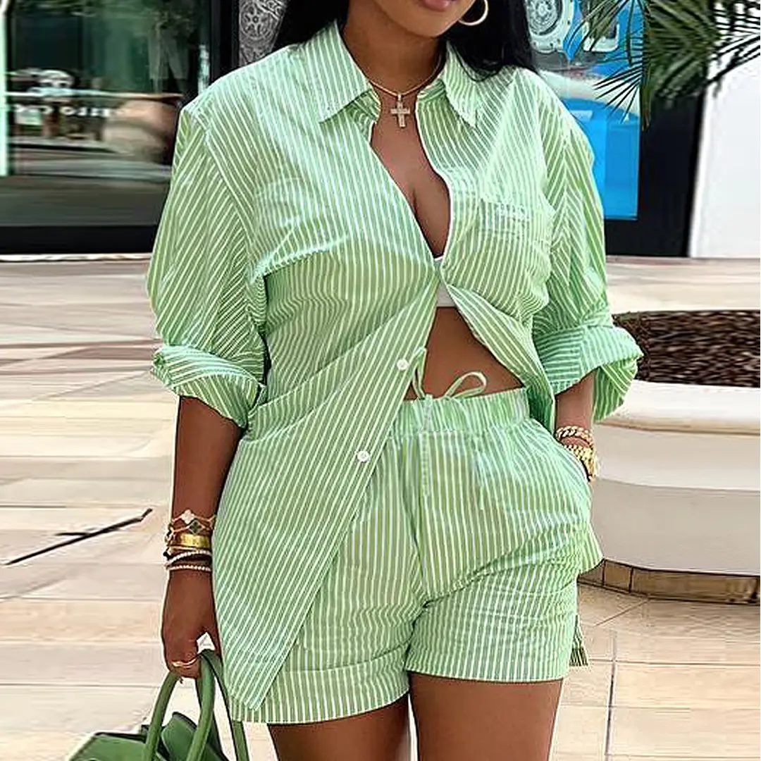 Women's Spring Vacation Outfits Casual Summer Beach 2 Piece Sexy Stripe Two Piece Short Set For Women 2024 Club Clothing