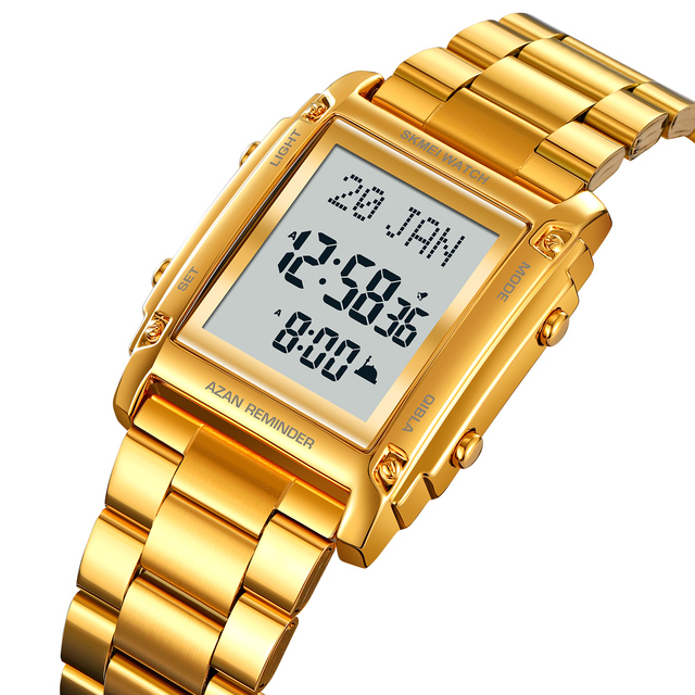 SKMEI 2277 Muslim Azan Watch Islamic Prayer Time Watch 3ATM Waterproof Stainless Steel Digital Wristwatches