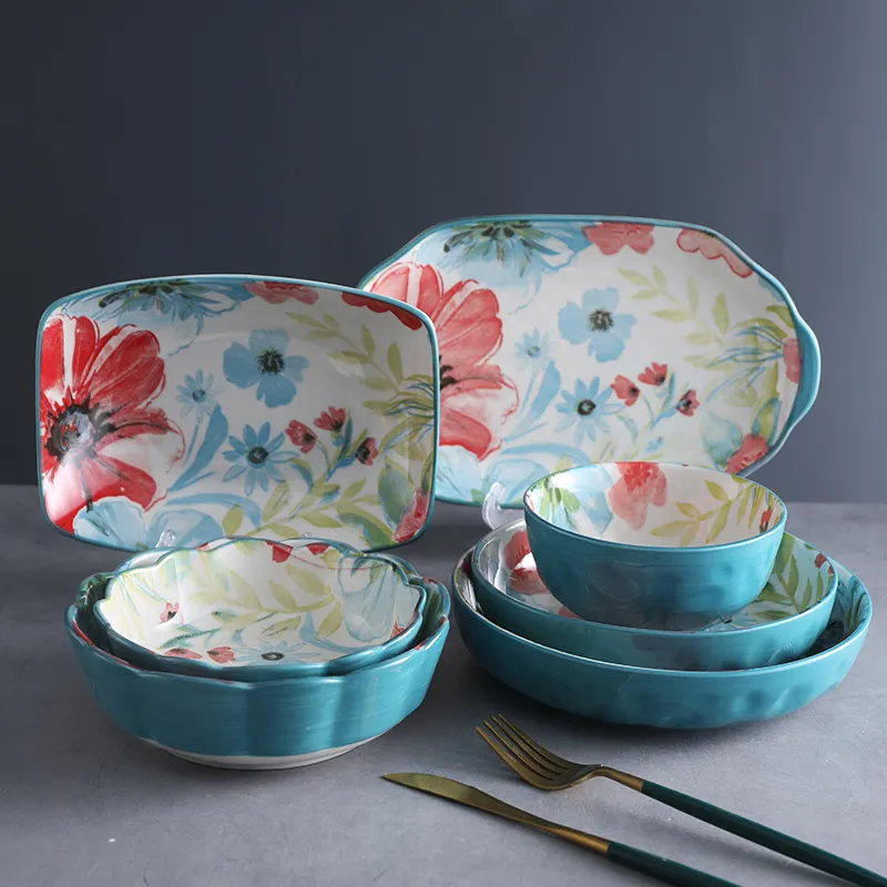Green Ceramic crockery With Flower Pattern Porcelain Dinner Table Set Dinner Set Ceramic With Baking Pan