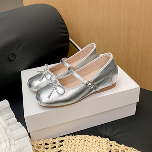 Chaussures Mary Jane compensées discrètes de 5 cm pour femme, nouvelle collection été, ballerines à nœud à bout peu profond, style français élégant, décontractées pour le quotidien - Product Image 2