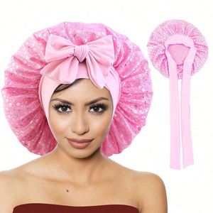 Bonnet extra long à sequins pour dormir, en satin soyeux géant, avec bande extensible à nouer – Cadeaux promotionnels - Product Image 2