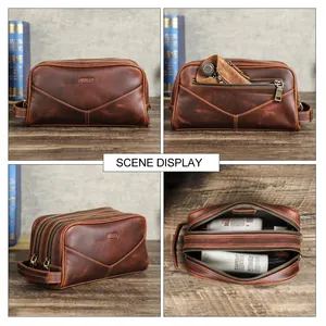 Contact's Custom Logo Double-Zipper Mens Genuine Leather Travel Makeup Bag Toiletry Cosmetic Bag For Men Hanging Dopp Kit