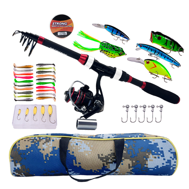 Custom Spinning Telescopic Fishing Rod and Reel Combo Kit Set With Line Lures Hooks Reel and Carry Bag Fishing Tackle