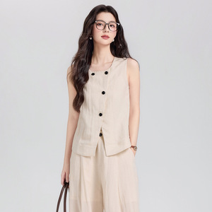 Sleeveless Vest Women Linen Solid Color Asymmetrical Pleats Casual Professional Summer Spring Autumn Fit - Product Image 3