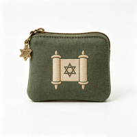 Dompet Koin Linen Bordir Yahudi dengan Resleting, Bintang Daud, Menorah, Tangan Hamsa, Gulungan Taurat, Dompet Kanvas Mini, Kantong Hadiah Religius