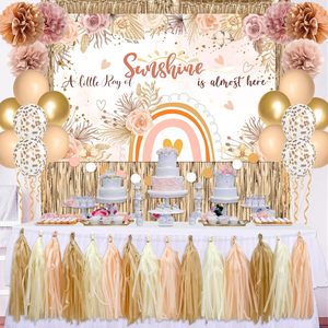 Decoraciones Boho para Baby Shower en Color Beige Dorado Champán para Otoño |   Fondo Boho con Globos y Pompones para Niña, un Pequeño Rayo <span class=keywords><strong>de</strong></span> <span class=keywords><strong>Sol</strong></span> - Product Image 1