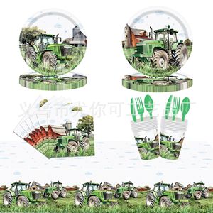 Articles de fête d'anniversaire sur le thème du tracteur : assiettes en papier, gobelets, serviettes, nappe, ensemble de décoration jetable sur le thème de la ferme pour enfants de 5 à 7 ans - Product Image 1