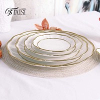 Assiette en porcelaine transparente de style JADE, inspirée du design nordique, avec bordure dorée, résistante au micro-ondes, de forme irrégulière