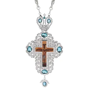 Silver Plated Alloy Chain Bishops Pectorale Cross Pendant Greek Orthodox Pectoral Cross Crucifix Necklace with Box