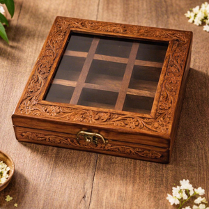 Boîte à épices en bois artisanale avec couvercle et cuillère, organisateur d'épices de cuisine à 9 compartiments, conteneur de rangement pour épices en bois - Product Image 1