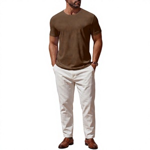 Men's <b>Brown</b> Short <b>Sleeve</b> O-Neck Knitted T-Shirt Slim Fit Casual Breathable 100% Cotton Solid Color <b>Top</b> - Product Image 1