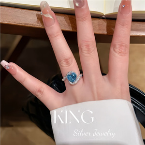 Anillo de Plata de Ley S925 con Incrustaciones de Circonitas, Diseño Corazón Océano Azul, Joyería para Mujer, Uso Diario - Product Image 4