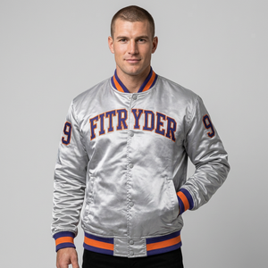 เสื้อแจ็คเก็ตยีนส์สีเงินสำหรับผู้ชาย Fitryder ปักตัวอักษรหมายเลข 9 คอจีน ทรงปกติ ใส่ได้ในฤดูใบไม้ร่วง กันน้ำ ระบายอากาศได้ดี - Product Image 1