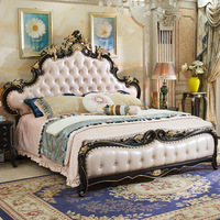 Lit double princesse en chêne massif européen, mobilier de chambre à coucher de luxe américain avec sculpture en cuir véritable, ensemble de luxe exclusif
