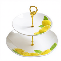 Plateau de service à 2 niveaux de qualité supérieure pour desserts, fruits, cupcakes, bonbons, en céramique, couleur jaune citron