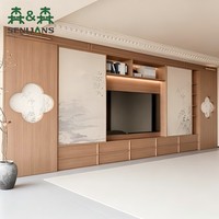 Meuble TV mural moderne de style chinois, texture noyer, meuble multimédia intégré avec portes coulissantes Zen pour maison de luxe