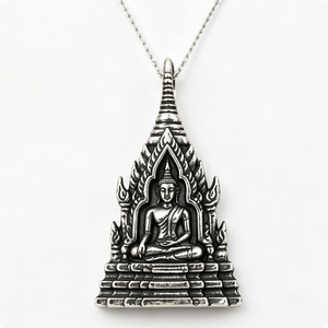Colgante de Buda de Aleación de Zinc Plateado con Diseño de Templo para Oración, Temática Budista, Artesanía Fundida - Product Image 4