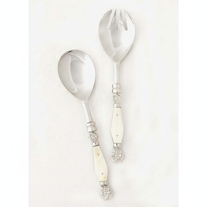 Servidor de ensalada de mango blanco en relieve de plata hecho a mano de acero inoxidable, juego de servidor de ensalada de alta calidad - Product Image 1