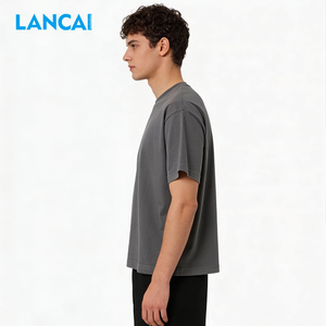 T-shirt épais en coton noir Lancai avec logo personnalisé, impression streetwear, coupe décontractée, épaules tombantes, t-shirt vierge épais - Product Image 2