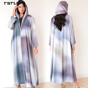 Abaya con Capucha Degradado Ombre para Mujer, Azul Gris Lavanda, con Flecos, Manga Larga, Modesta, Musulmana, Casual, Kimono Maxi - Product Image 3
