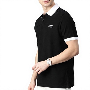 Chemise noire à manches courtes pour homme, col blanc, poignets brodés, logo brodé sur le devant, tissu tricoté en coton/polyester, séchage rapide - Product Image 3