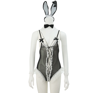 Cosplay Maid Sexy Bunny Girl Strappy Open-Crotch Bodysuit Lingerie No-Remove Uniform See-Through Set With <b>Stockings</b> - Product Image 4