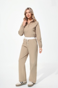 Set Yoga 2 Pezzi: Top con Zip Corta e Pantaloni a Vita Alta a Tinta Unita in Spandex Cotone Traspirante con Chiusura a Coulisse - Product Image 3