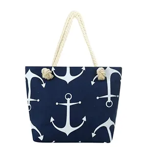 Beach Bag MISS FANTASY Anchor Print Beach Tote Large Canvas Summer Tote with Zipper Good for Beach and Travel