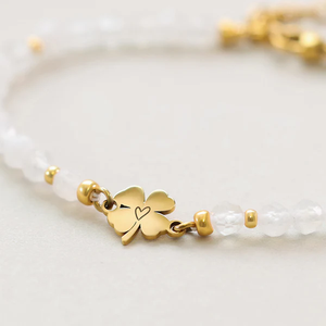 Bracciale all'ingrosso con perline <span class=keywords><strong>di</strong></span> trifoglio portafortuna e <span class=keywords><strong>pietra</strong></span> <span class=keywords><strong>di</strong></span> <span class=keywords><strong>luna</strong></span>, personalizzabile con incisione, in acciaio inossidabile, regolabile, gioiello curativo, regalo per donna - Product Image 2