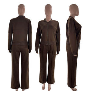 Manufacture Style personnalisé ou Logo ODM Automne Hiver Survêtement <span class=keywords><strong>Jogging</strong></span> Fermeture Éclair Costume Décontracté Femmes 2 Pièces Veste Pantalon Droit Ensembles - Product Image 5