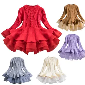 2023 Herfst Winter Peuter Baby Meisje Geribbelde Gebreide Trui Bubble Jurk Kids Meisjes Organza Lange Mouw Trui Tutu Jurk