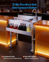Bac à glace commercial avec évier et robinet en acier inoxydable, glacière de 60 litres, chariot refroidisseur, unité à cocktails pour bar, restaurant, pub