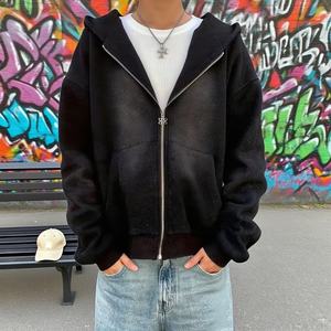 Sudadera con capucha extragrande de punto con lavado ácido personalizado, efecto desgastado, sin cordón, de tejido grueso, unisex, corte holgado, efecto descolorido por el sol, con cremallera, para hombre - Product Image 1