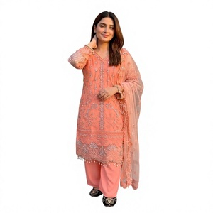 Ensemble Kurta en coton brodé avec pantalon palazzo, coupe ample traditionnelle, longueur cheville, tenue ethnique style Inde Pakistan - Product Image 1