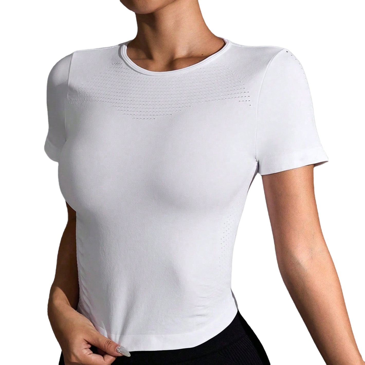 [Sample Style] Euro-American Cross-Border Women's Short-Sleeve Seamless Quick-Drying Spandex/Nylon Tight-Fitting White Yoga
