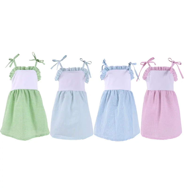 Hot Sale Kinder Mädchen Seer sucker Sommerkleid ärmellose benutzer definierte rosa Streifen Fliege lässig Kleinkind Mädchen Kleider