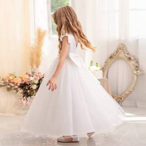 Girls Kid Long Beaded Bow Mesh Princess Gown Birthday Evening Piano Recital Runway Party Stage Performance Elegant <b>Dress</b> Costume - Product Image 3