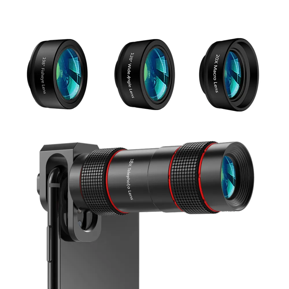 2022 नए उत्पादों मोबाइल फोन कैमरा लेंस किट 120 डिग्री चौड़े कोण 20X मैक्रो लेंस Fisheye 18X Telephoto लेंस