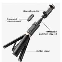 Mini trépied portable multifonction Q12 pour téléphone portable, perche à selfie, BT 4.2, portée de 10 m, design télescopique/pliable pour diffusion en direct sans fil