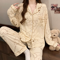 Ensemble de Pyjama pour Femme Imprimé en Soie de Lait, Tissu Froissé, Confortable et Tendance, Vêtement d'Intérieur Printemps-Automne