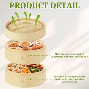 Adaptateur de panier <span class=keywords><strong>en</strong></span> <span class=keywords><strong>bambou</strong></span> à 2 niveaux, kit pour la cuisson à la vapeur des dim sum, des boulettes, des fruits de mer, du riz, des plats chinois et asiatiques - Product Image 1