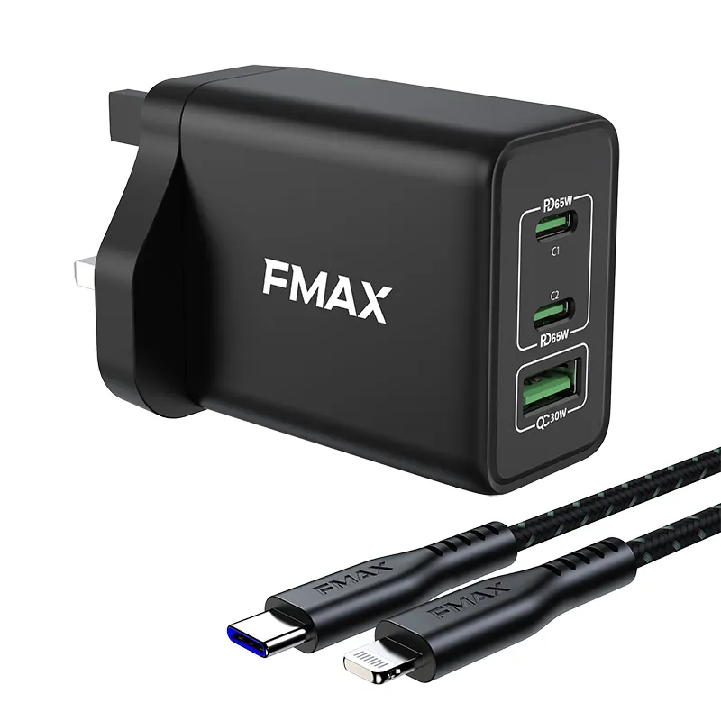 FMAX phone accessories 3 ports mfi certified 65w GaN fast charging power adapter to lightning cable for iphone wall charger suit