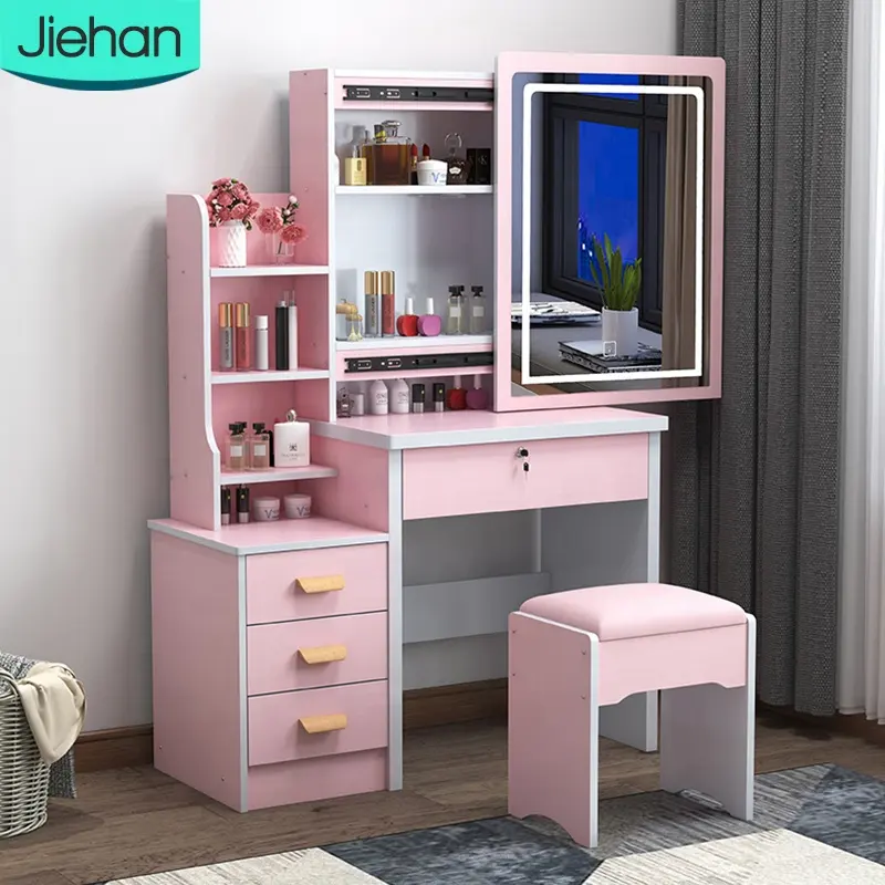 저렴한 현대 북유럽 디자인 가구 작은 나무 핑크 허영 메이크업 드레서 드레싱 테이블 거울과 의자 침실
