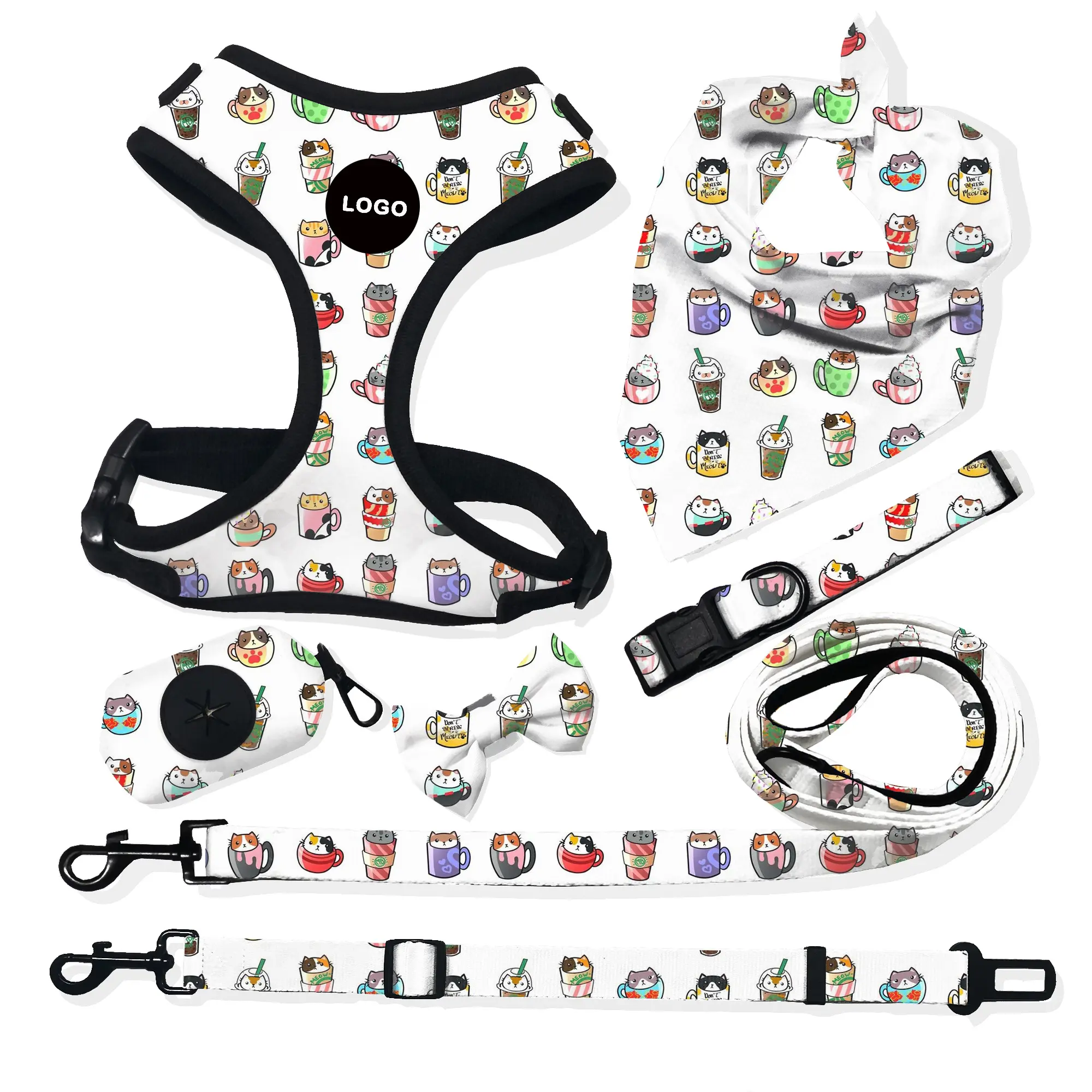 Hot Seller Custom adjustable collar bow leash harness and bandana sets