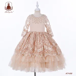 Kid Prom Party Wear Apparel Clothing Lace Half Sleeve Bead Top Champagne Tutu Long Princess Angel Dress For Girl