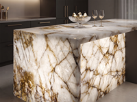 Dalles de quartzite cristallin blanc translucide rétroéclairé, pierre naturelle brésilienne lumineuse pour comptoirs de cuisine, îlots et murs décoratifs