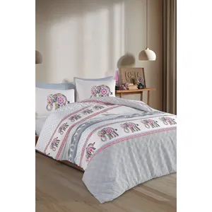 Parure de lit double Karden Flower Elsa en coton uni à imprimé éléphant, housse de couette blanche, drap plat et 2 taies d'oreiller pour chambre à coucher - Product Image 3