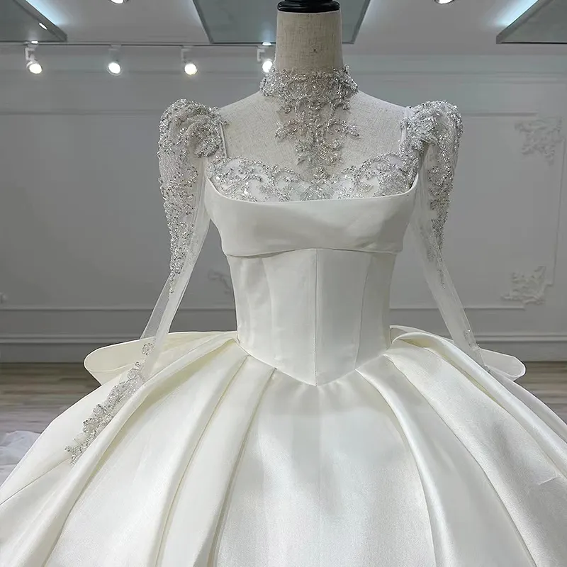 Vestidos de casamento, personalizado lindo aplique renda lantejoulas tule mangas compridas real noiva moderno macio cetim miçangas cristal vestidos de casamento